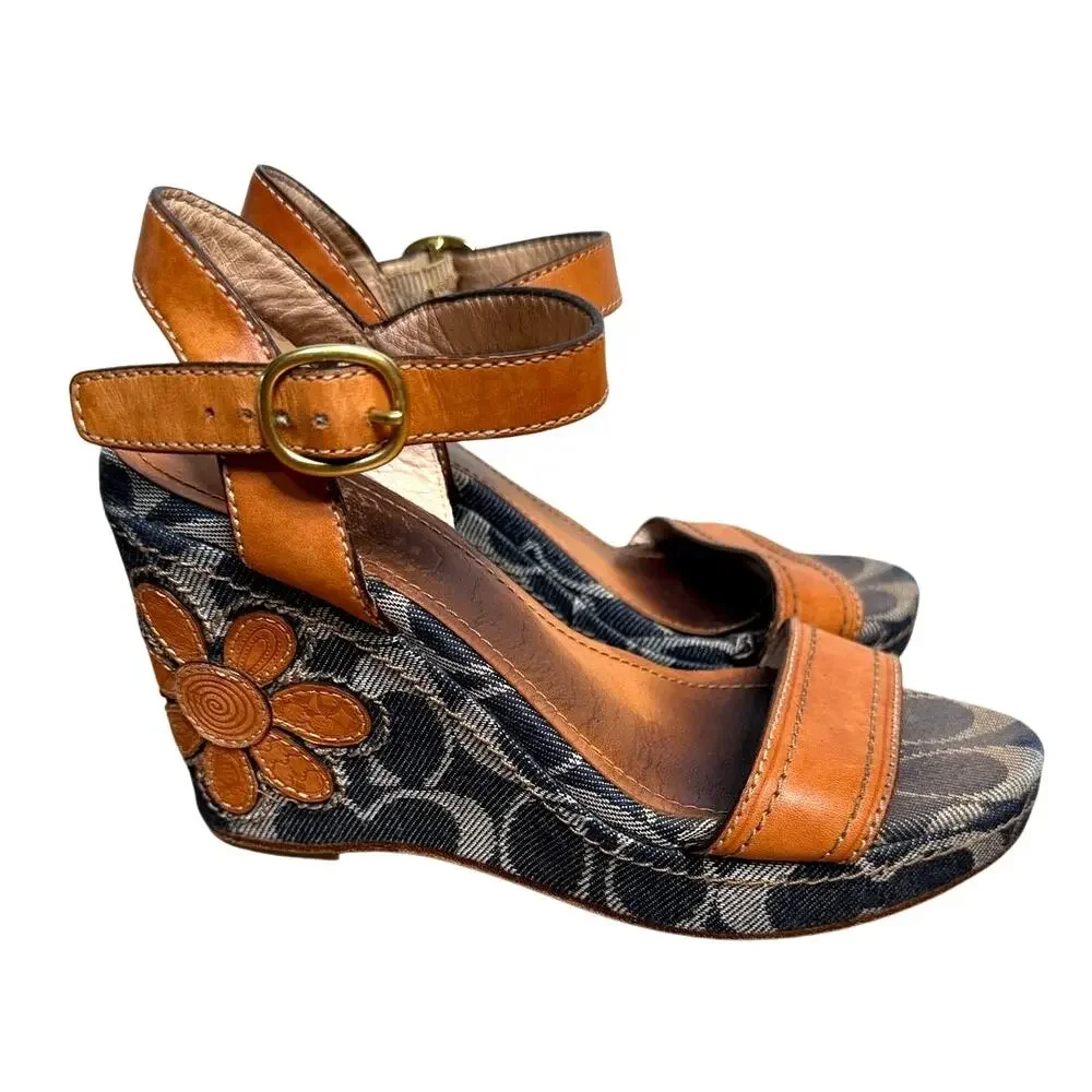 Coach Brown and Blue Wedge Sandals - Picture 1 of 5